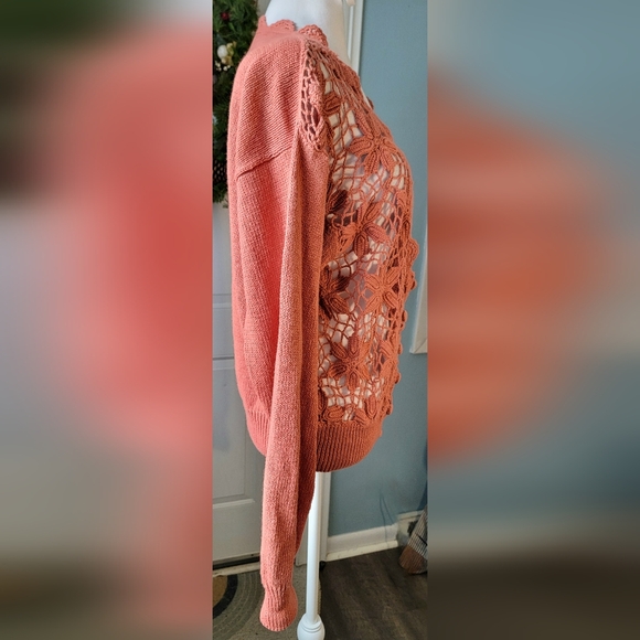 90s Vintg OBR Floral Crochet Open Knit Chunky Cardigan Womens L Rusty Coral Cott - Picture 4 of 10